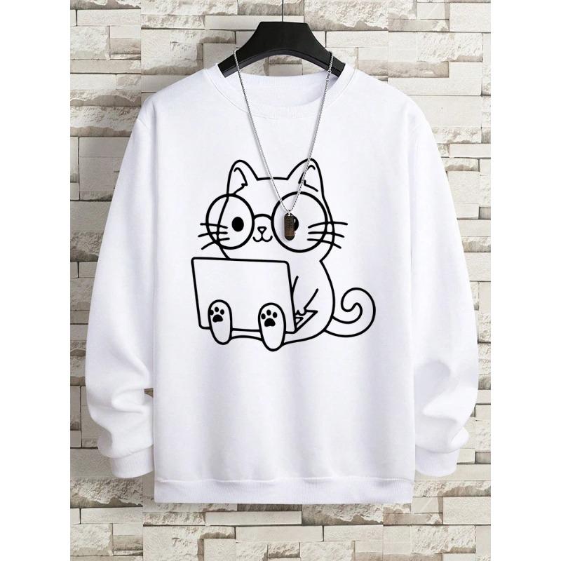 Gentleman Cat At Work Print Man Sweatshirt Hip Hop Loose Hoodie Autumn Hoody Fashion Streetwear Pullover O-Neck Pullovers & Long Sleeves Men’s
