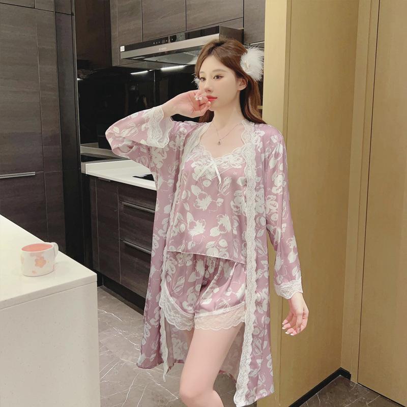 Pajamas Women's Spring and Summer Ice Silk Long-sleeved Suspender Shorts Nightgown Three Sets with Chest Pads Sexy Lace Seduction Loungewear