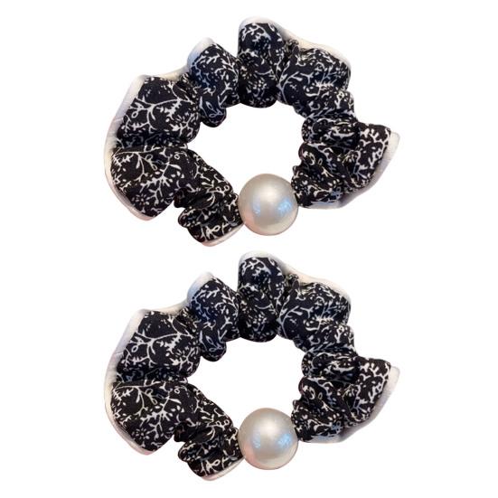 2Pcs Hair Tie High Elasticity Non-Slip Soft Chiffon Fabric Hair Rope with Imitation Pearl Design Floral Print Bun Half-Tied Hair Accessories