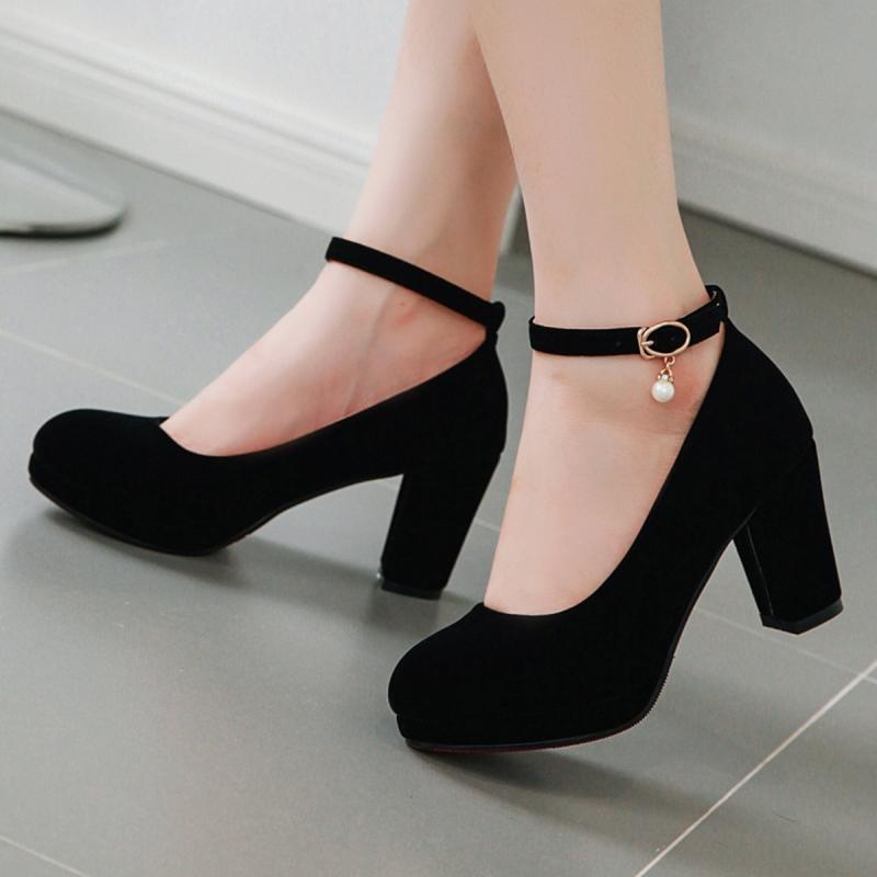 Flock Women's High Heels Pumps Shoes 2025 Fashion Strap Black Red Heeled Party Wedding Office Shoes Female Platform