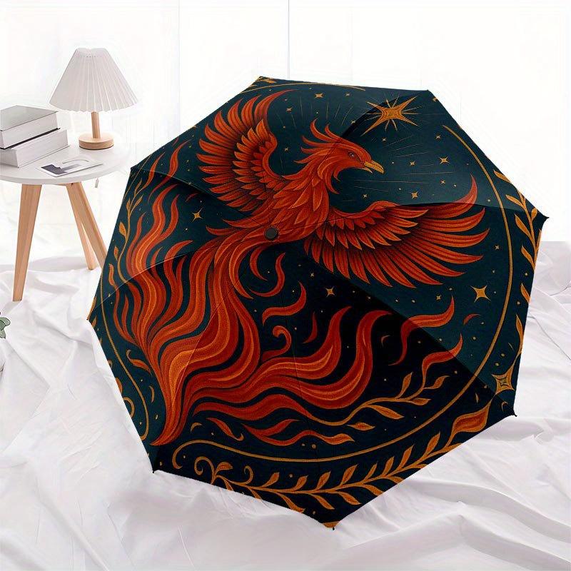 Phoenix Rising: Mystical Circular Artwork Umbrella, Portable 3-Fold Compact Umbrella for Men & Women R148