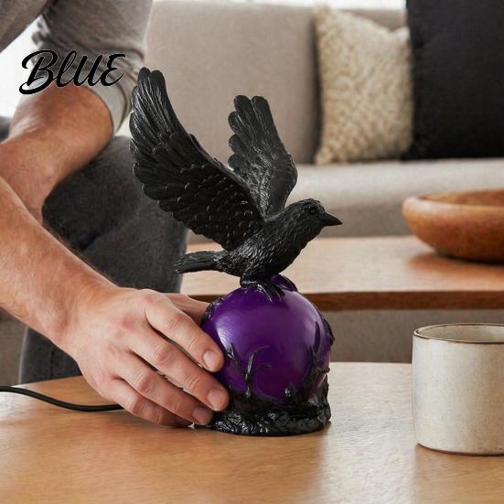 Gothic Home Decor Raven LED Ball Lamp Mysterious Crow on Orb Sculpture Statement Table Lamp Halloween Decorative for Bedside Bedroom Living Room