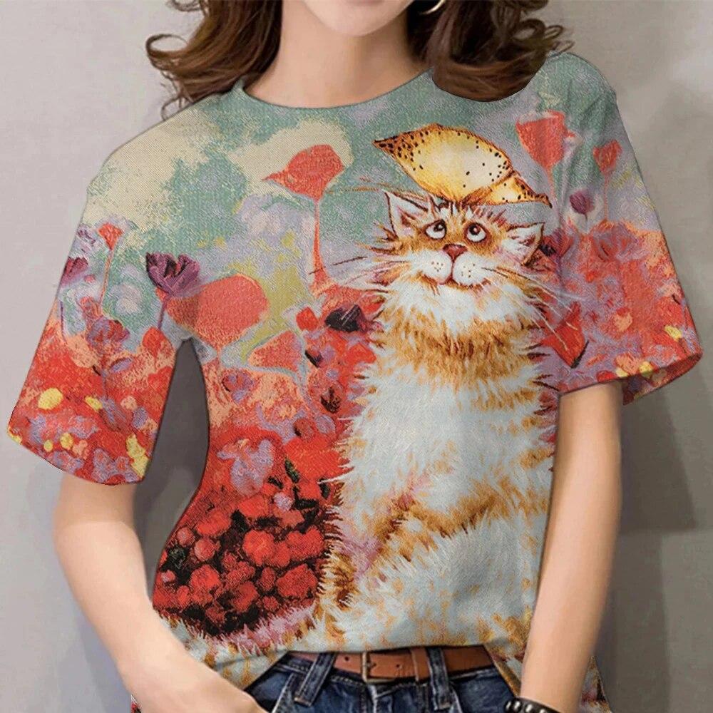 Women's 3D Cat Pattern Summer T-shirt Kawai Short Sleeve Top Fashion Animal T-shirt Large Designer Casual Wear