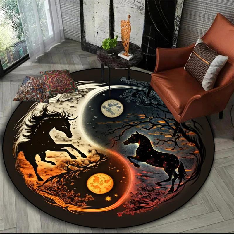 Mythical Animals Round Area Rug–Tiger,Dragon Lion with Tree of Life Fantasy Carpet for Living Room,Bedroom or Meditation Space