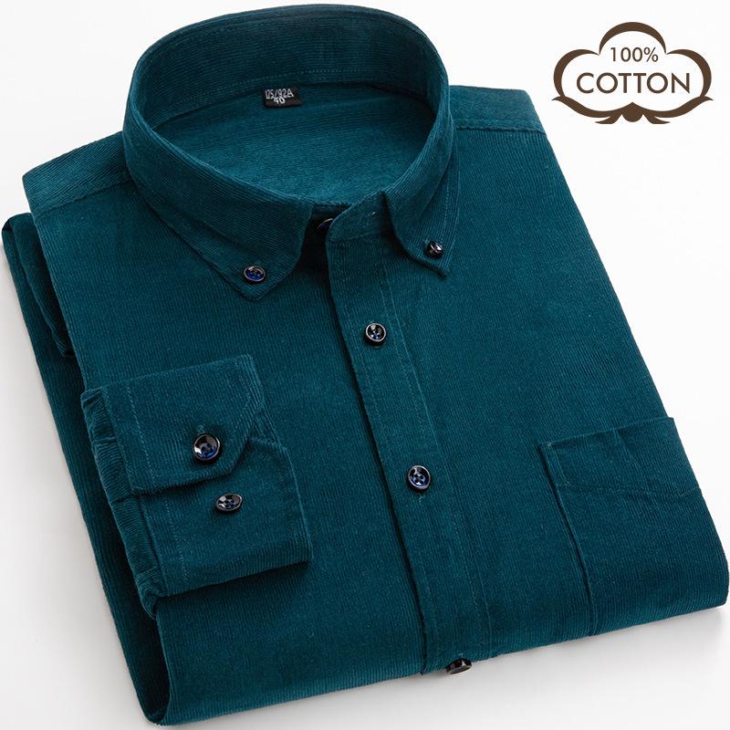 Men's Fashionable Corduroy Cotton Long Sleeve Shirt - Solid Color, Versatile Wear for Autumn and Spring