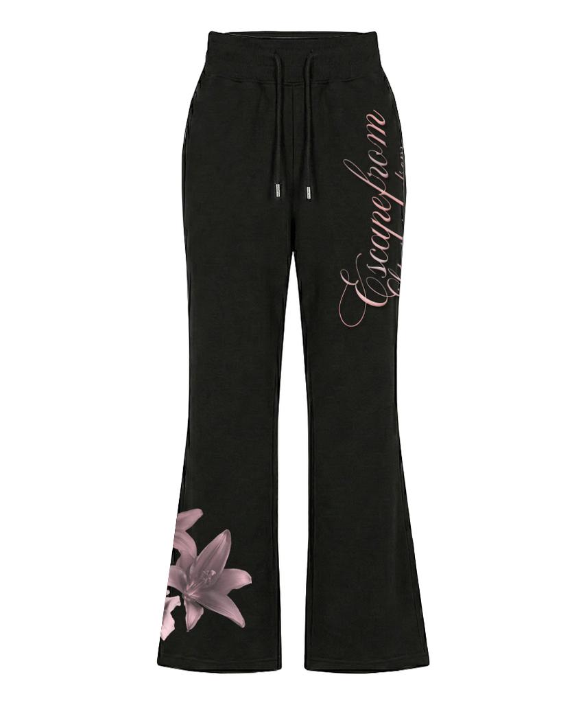 ESCAPEFROM Flower Lettering Print Bootcut Sweatpants Black