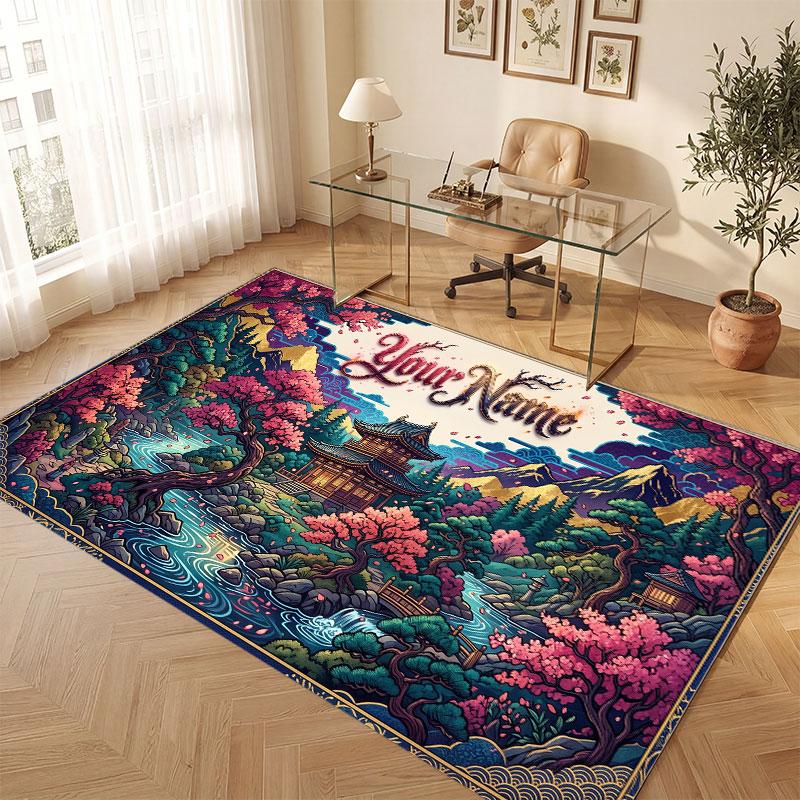 Mushroom Forest Theme Crystal Velvet Floor Rug Personalized Custom Name Text Warm Carpet Home Decoration