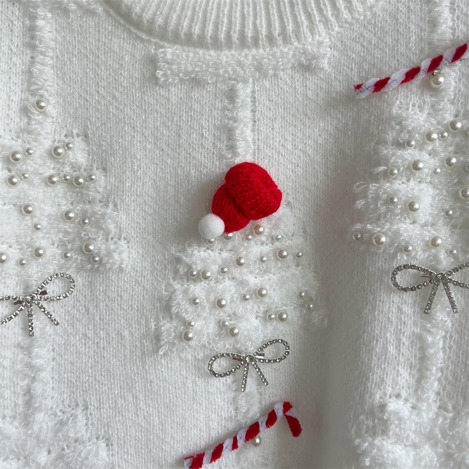 Handmade Pearl Christmas Themed Sweater with Three-dimensional Decoration, New Year Holiday Sweater Pullover 3575 KTB