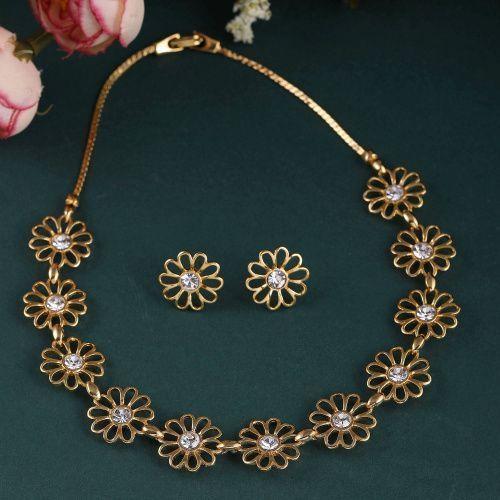 Estele 24K vergoldetes Halsketten-Set mit Blumen und Diamanten für Damen