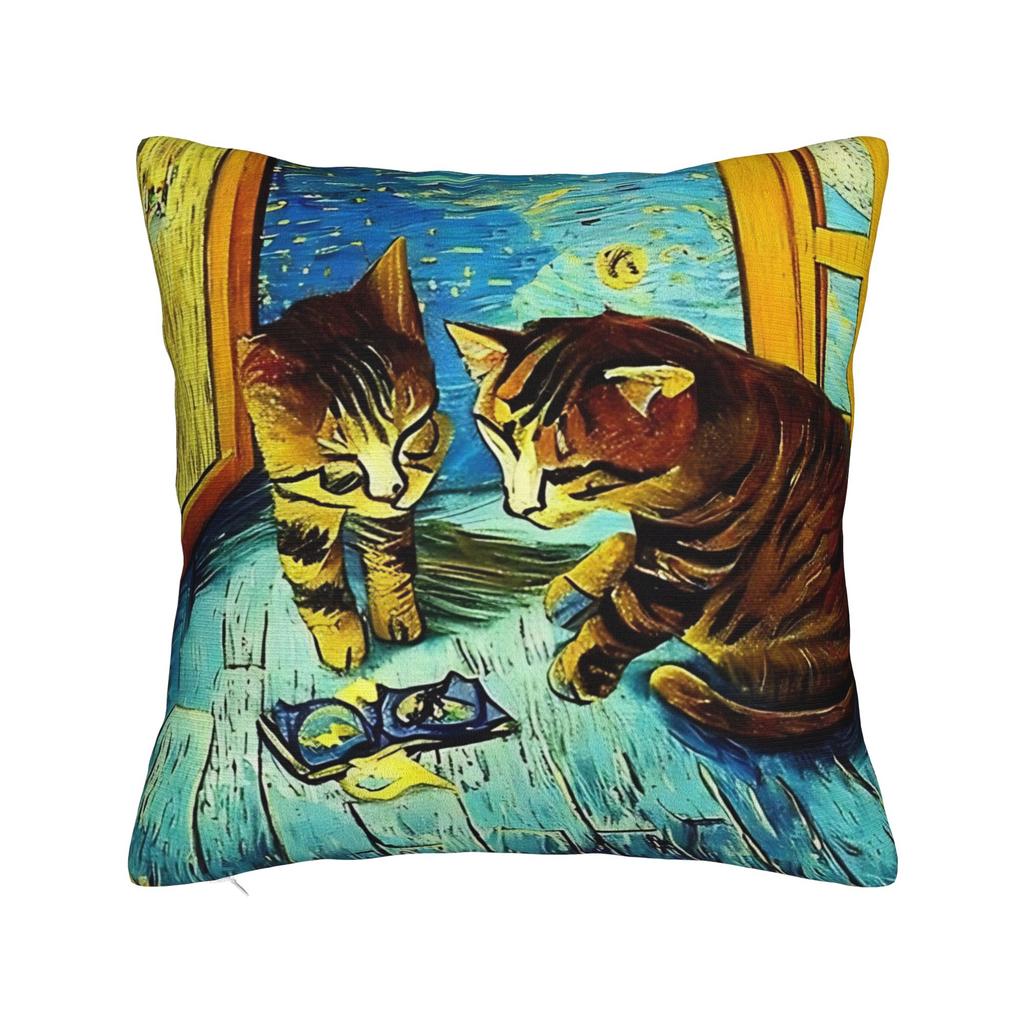 Starry Night Cat, Van Gogh Cat Pillowcase Polyester Cushion Cover Decorations  Pillow Case Cover Home Square 40*40cm