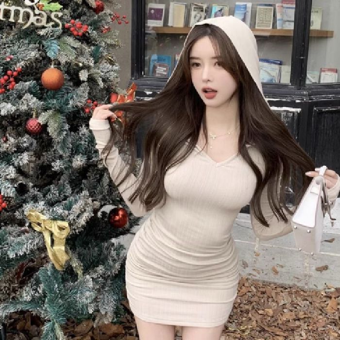 Elegant and Pure Hot Girl with Pleated V-neck Long-sleeve Dress, Spring Fitted Waist-cinching Sexy Hooded Pencil Skirt