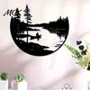 Living Room Wall Hanging Art Round Nature Scene Iron Art, Forest Lake Boating Metal Decor, Weatherproof Garden Ornaments Rustic Background Ornament