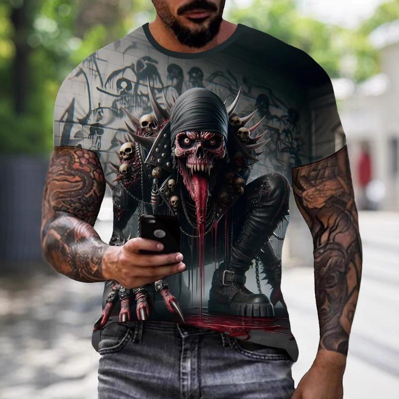 Mens Summer Clothing 3D Printed Skull Graphic T Shirts Round Neck Short Sleeved