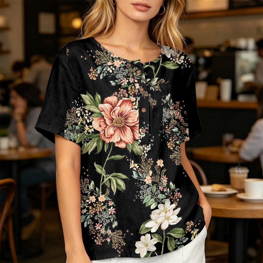 Women’s Short Sleeve Cotton Linen Shirt with Fashion Print Henley Button Neck and Front Pocket for Casual Wear