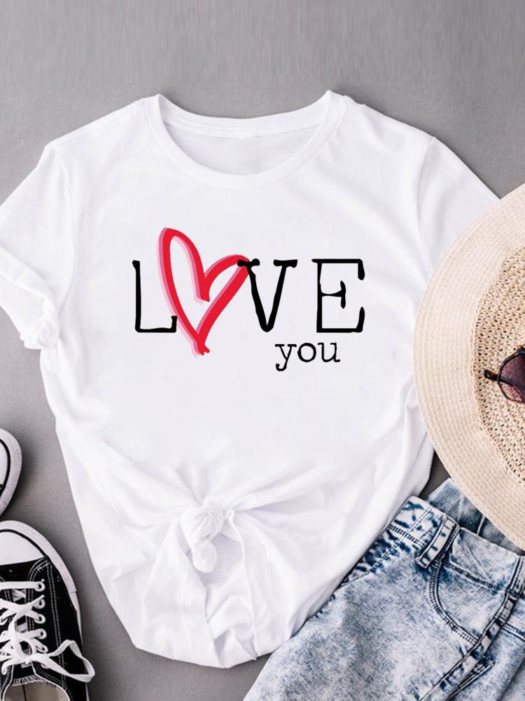 (Tamanho asiático) Love Sweet Style Tendência 90s Mulheres Manga Curta Moda Estampa Senhora Camiseta Top Roupa Casual Camiseta Feminina Camisetas Gráficas