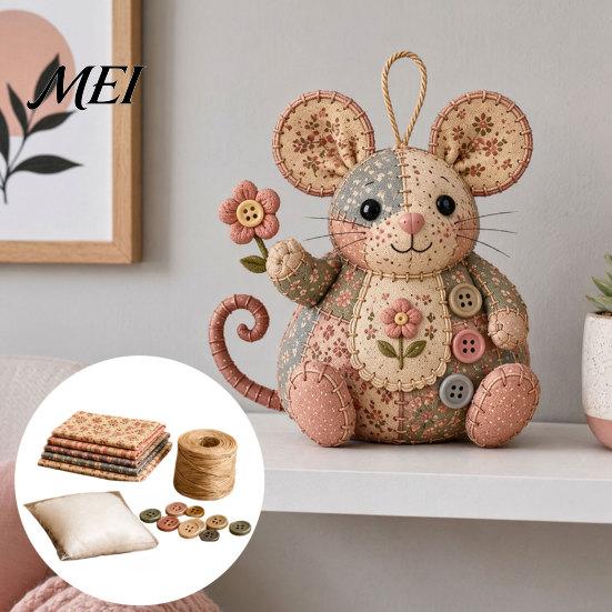 Handgemachtes Geschenk DIY-Projekt Patchwork-Maus Nähset, Bastelset mit Blumenstoff, Füllmaterial & Stoffknöpfen, Niedliches Stofftier-Ornament für Anfänger