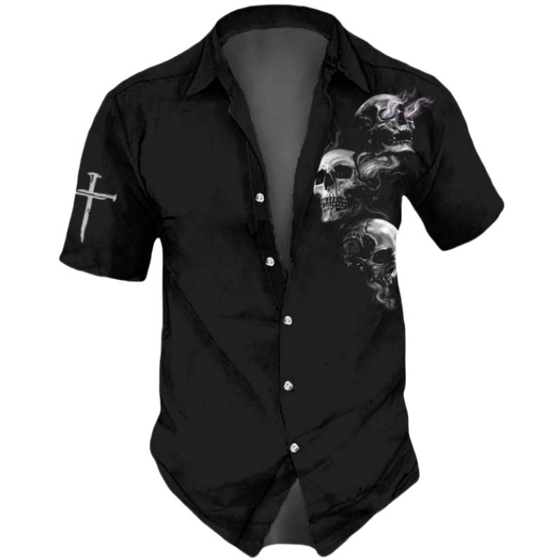 Horror Skulls Print Men's Shirts Summer Hip Hop Style Short Sleeve Lapel Shirts For Men Streetwear Hawaiian Beach Holiday Shirt