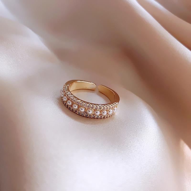 Pure Gold Electroplated Micro-set Pearl Ring for Women, Open Style, Index Finger Ring, Simple and Cool Style Ring