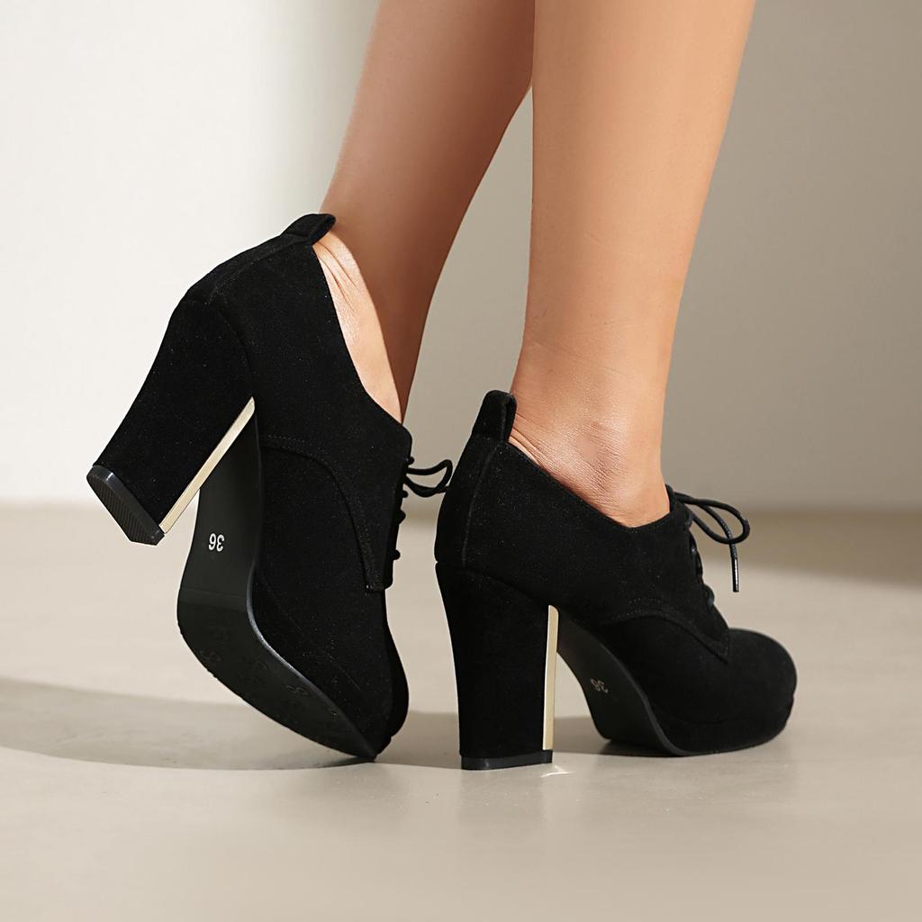 Women's high heels, single shoes, spring and autumn waterproof platform, thick heel, lace up, large size, all season shoes