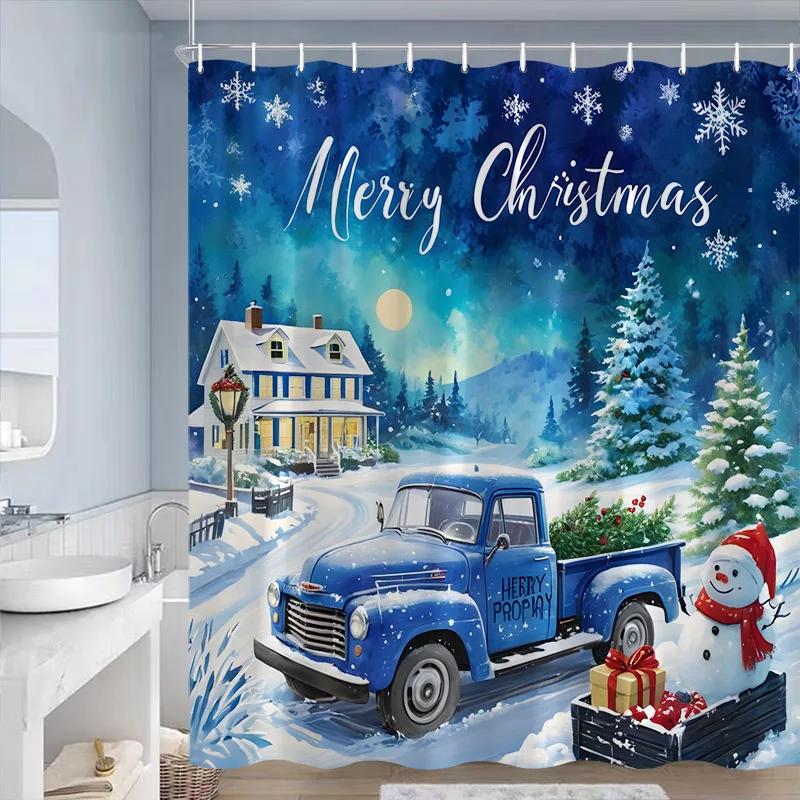 Rideaux de douche de Noël Bonhomme de neige bleu mignon Cadeau de Noël Forêt d'hiver Cèdre Paysage naturel Décoration de salle de bain maison Ensemble de rideaux de bain