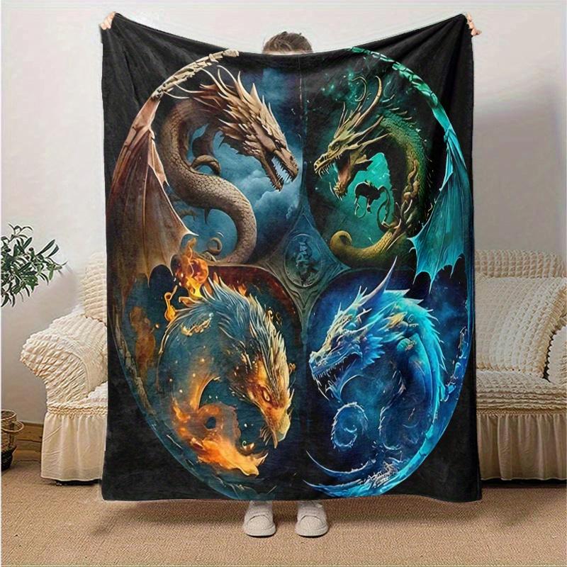 1pc Composition of Fire Water Earth and Air Dragons Blanket Soft Throw for Home Decor, Gift Idea, Living Room, Travel, Camping, Car Blankets