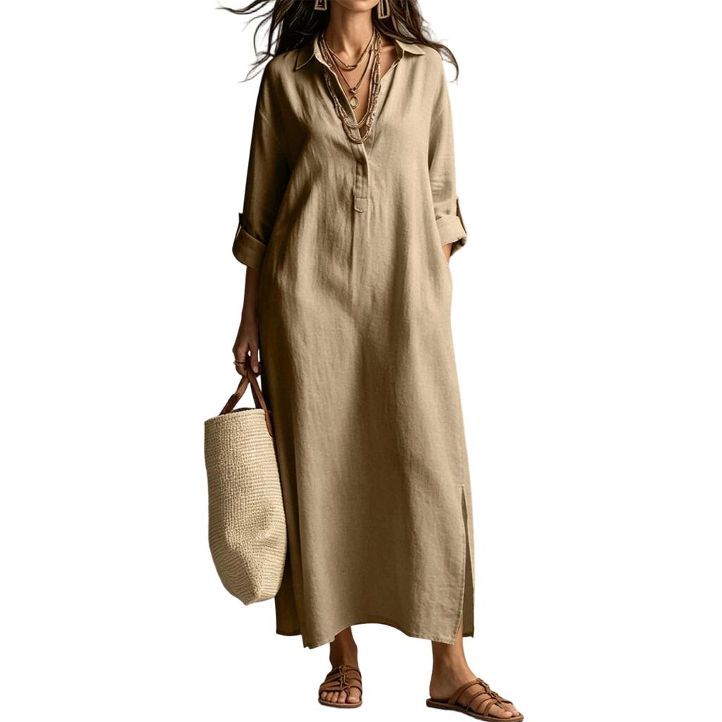 New Spring/Summer Cotton-Linen Dresses: -Color Collared Long-Sleeve Shirt Dresses, Relaxed-Fit Dresses
