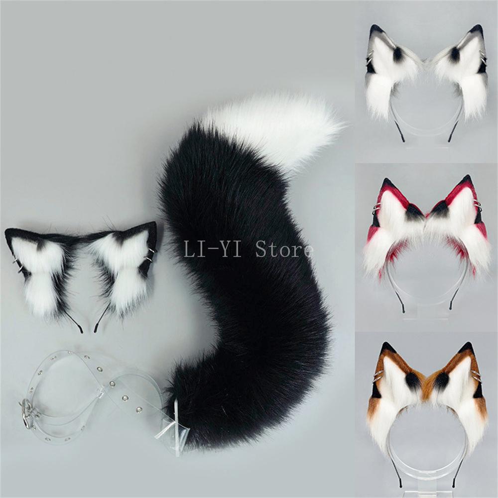Fluffy Fox Wolf Dog Ears Tail Set Plush Halloween Costume Accessories Cosplay Anime Convention Game Role Play For Festival