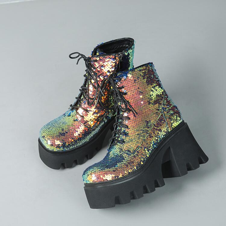 Women Silver Sequins Boots Chunky High Heels Lace-up Glitter Green Platform Goth Boots Woman Square Toe Shoes Size 43
