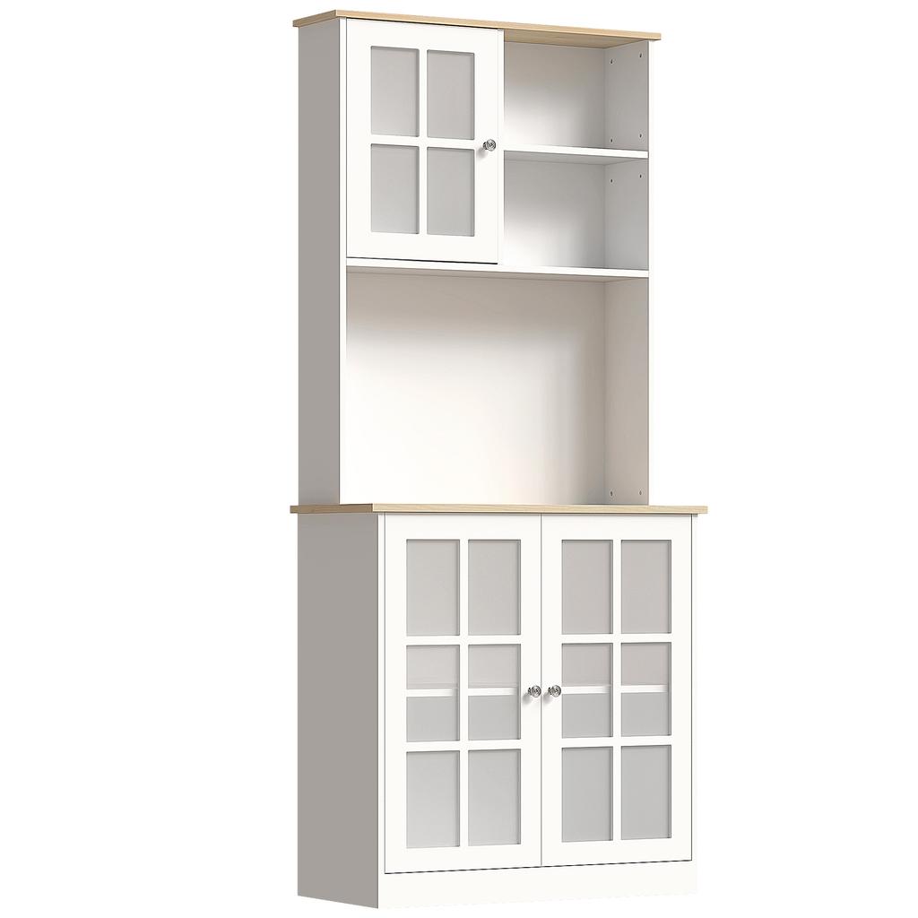 Freestanding Kitchen Cupboard, Storage Cabinet with Doors and Adjustable Shelves, Counter Top, Grid Glass Doors, 80L X 37W X 183H Cm - White