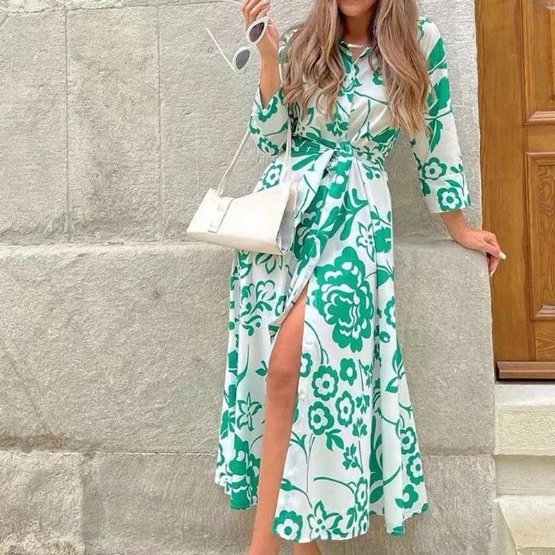 Latest Women's Elegant and Elegant Printed Lapel Cardigan Strap Slit Gown