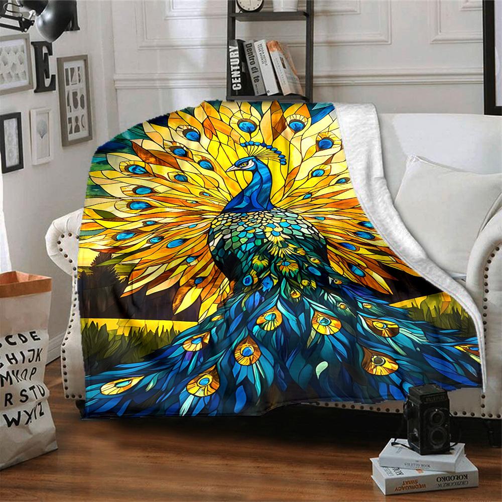 1pc Peacock StainedGlass Lightweight Flannel Blanket, Comfortable and Warm Blanket, for Office and Camping Sofa Bed, Livingroom177