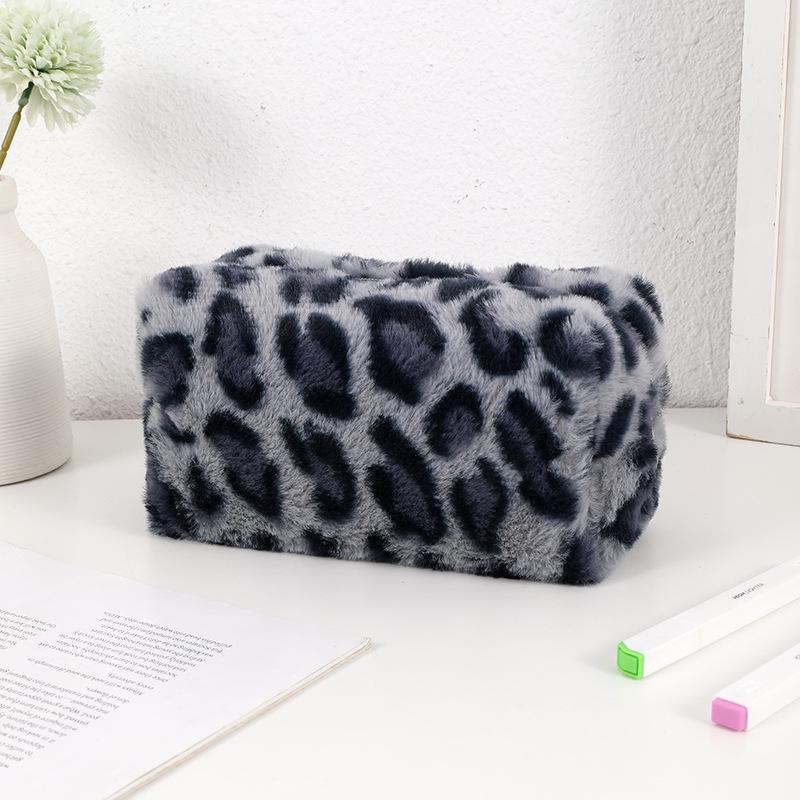 Women's Black Leather Pencil Case & Makeup Bag: Large Capacity, Portable Travel Storage with Exquisite Leopard Print Design.