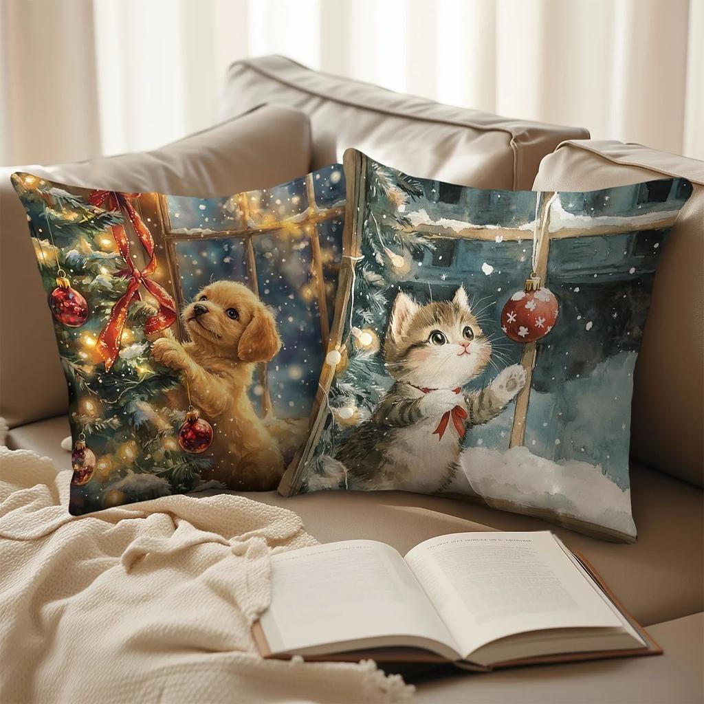1Pc Christmas Tree And Cute Animals Christmas Printed Pillowcase Sofa Room Cushion Cover Home Decoration New Year Gift