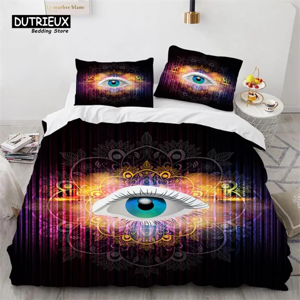 3D Colorful Eyes Duvet Cover Microfiber Vintage All Seeing Eye Tattoo Quilt Cover Boho Mandala Bedding Set Full Single King Size