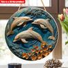 2D Flat 20*20cm1pc Three Dolphins Patterns Round Wooden Pendant, Marine Animal Theme Art Decorative Plate, Suitable for Restaurant&window&corridor