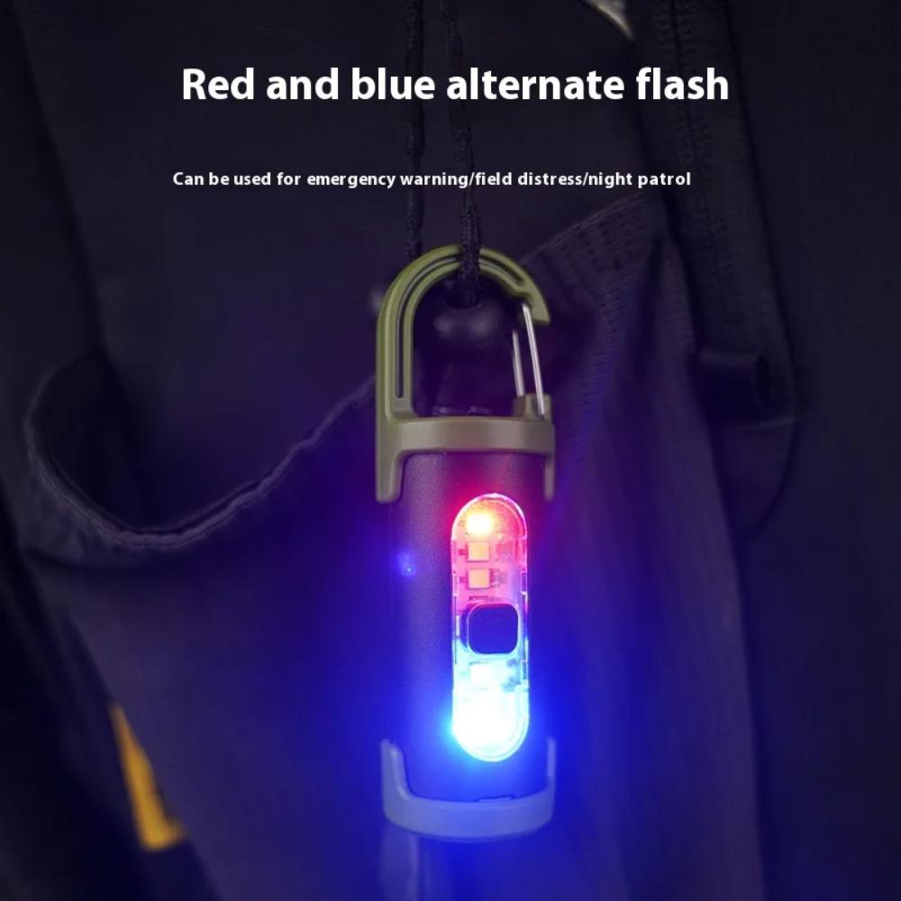 Mini Keychain Flashlight Rechargeable Red/Blue Warning Light Waterproof Outdoor Portable Backpack Emergency Lamp With Hook