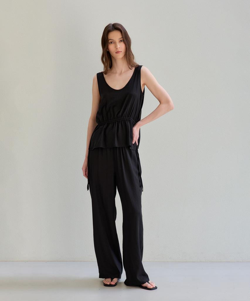 THEELO Airy Linen Blend Elastic Waist Pants (Black)
