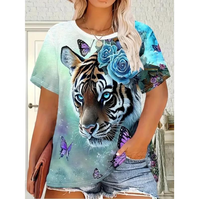 Modisches Damen Rundhals Kurzarm 3D Tier Farbdruck Tier Kurzarm Rundhals T-Shirt