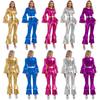 Womens Vintage 70S Disco Metallic Shiny Jumpsuit Tiered Flare Sleeve Bell Bottom Hippie Romper One-piece Dancewear Costumes