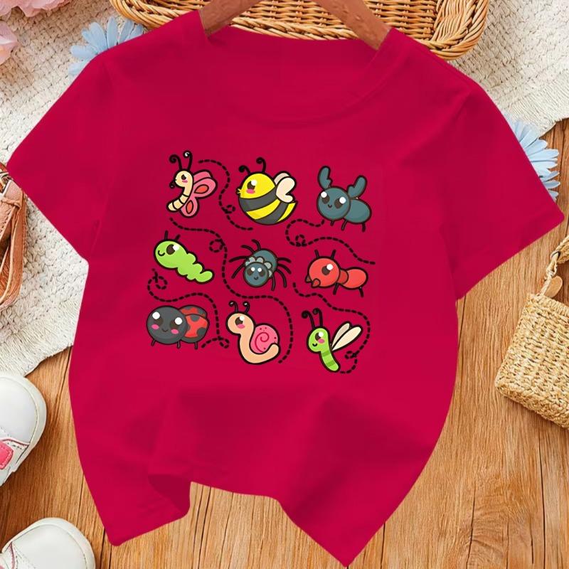 Kids Bee Ladybug Insect Print Crewneck Short Sleeve Tee, Breathable Comfort Summer Kids Top