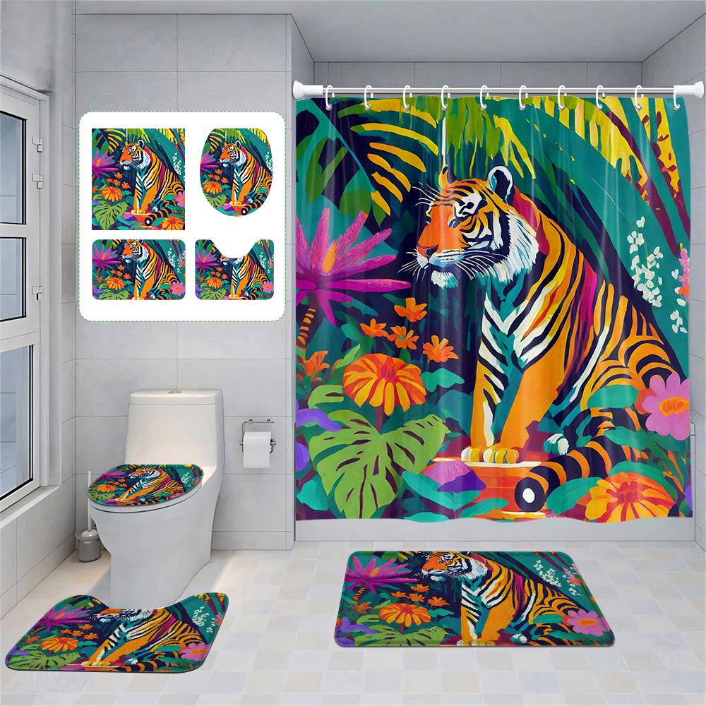 Dierenprint Douchegordijn Set Polyester Vochtbestendig Badkamergordijn Badkameraccessoires Antislip Vloermat