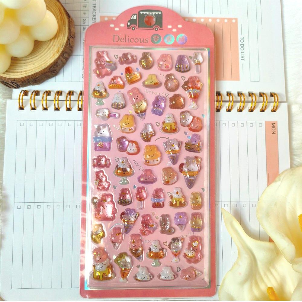 Children's Cartoon Fresh-style Reward Stickers - Dreamy Rabbit & Panda Crystal Embossed 3D Decorative Stickers for Journals
