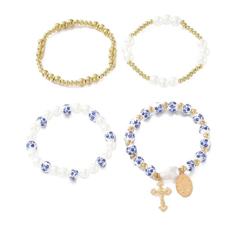 Blue and White Porcelain Beaded Bracelet Retro Medium Personality Imitation Pearl Cross Pendant Jewelry