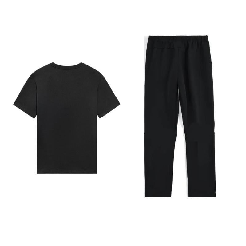 Li Ning Comfortable Simple Short Sleeve Pullover Fashion Design Lightweight Trendy Long Pants Casual Sports Suit Unisex Suit Black AHSUB33-1+AYKU703-1