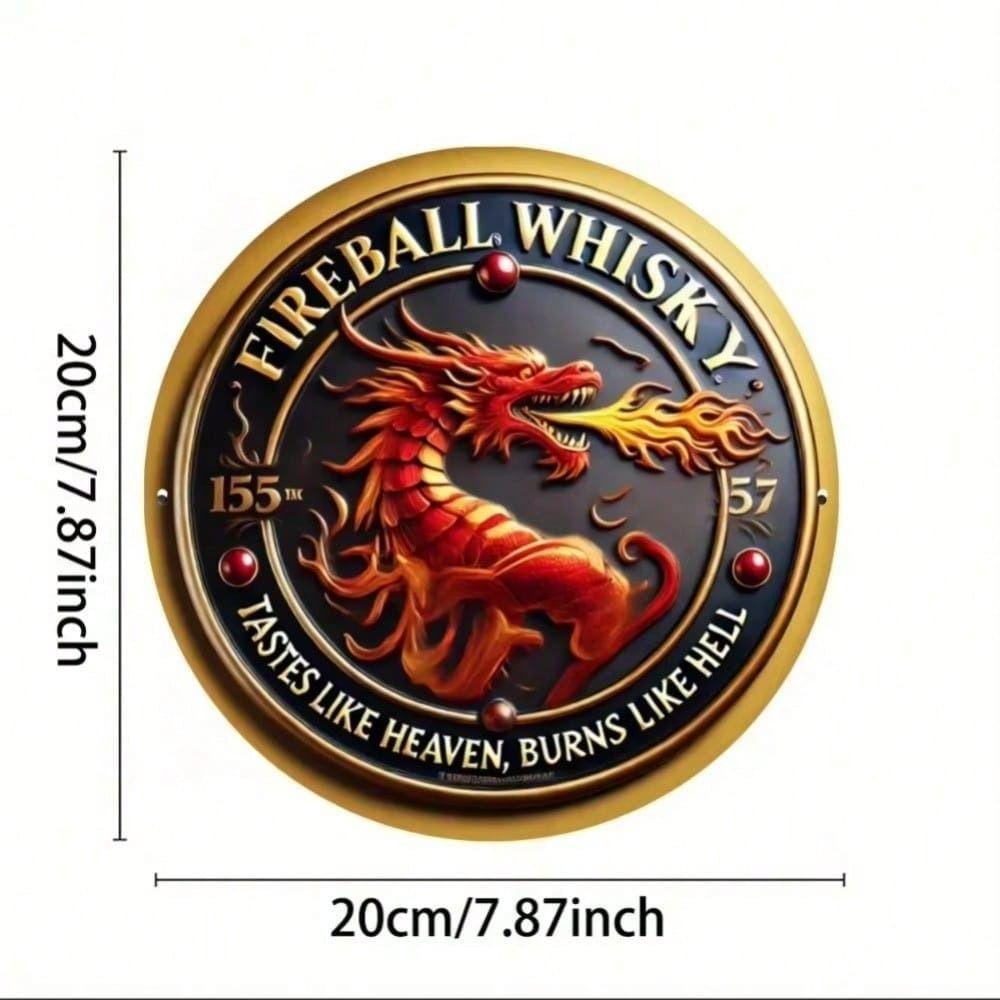 Metal Wall Art Dragon Decor, Vintage Whiskey Poster for Man Cave, Fire Globe Vintage Tin Sign