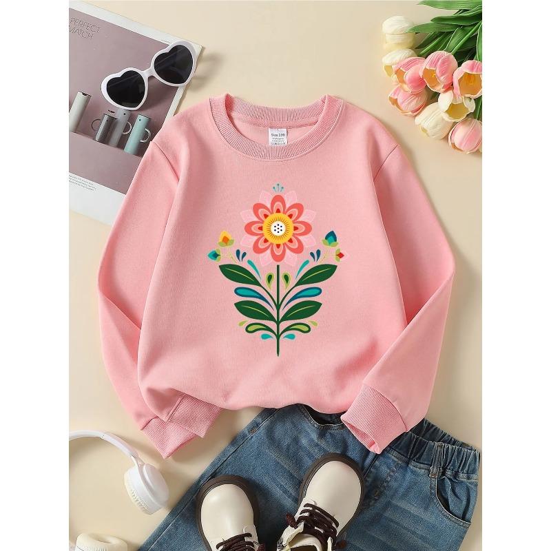 European Sizes Girls' Crewneck Sweatshirt - Colorful Floral Pattern with Leaves, Soft Comfy Sportswear for Children & Teens