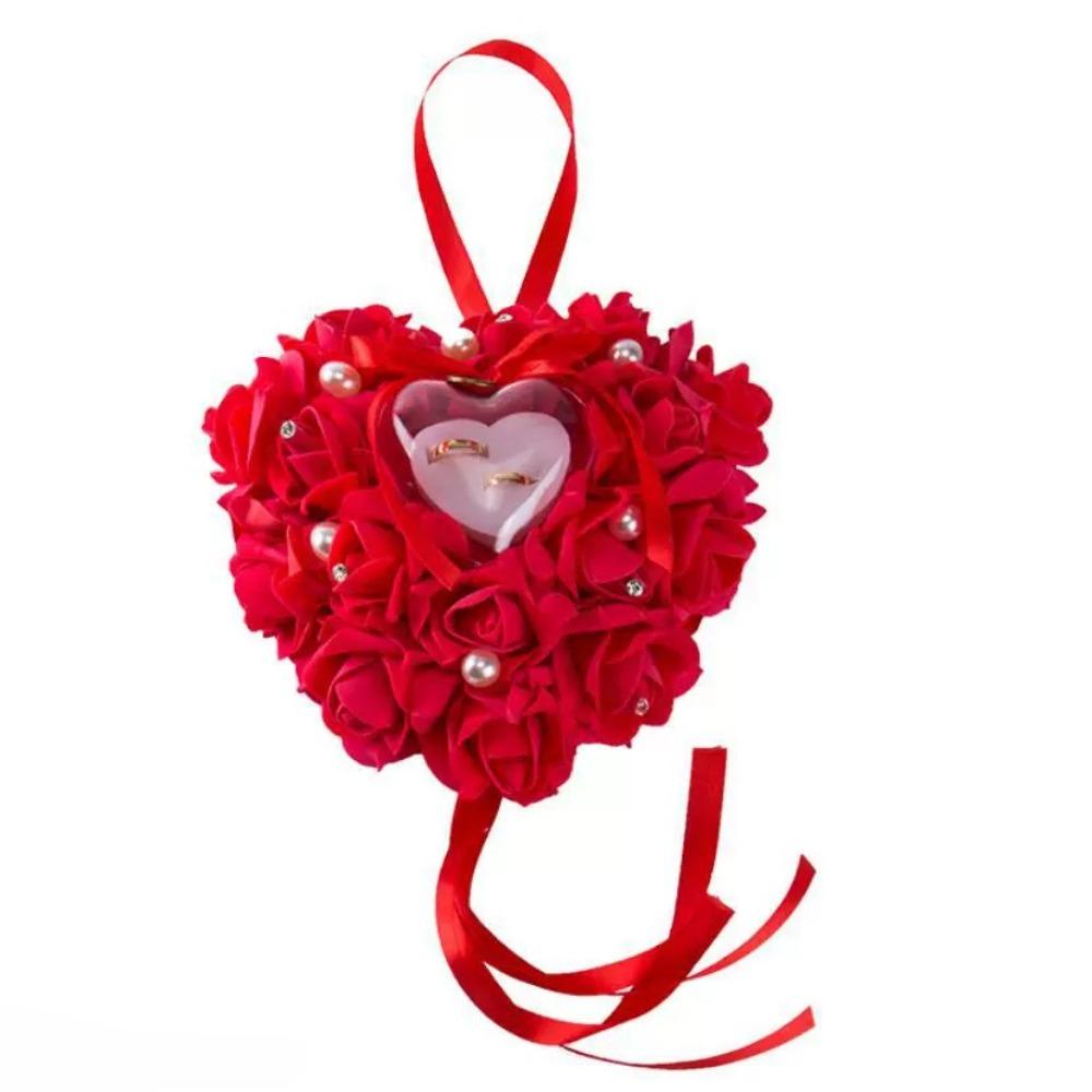 Bearer Heart Shape Wedding Pillow Heart Box, Bride Cushion Pillow Red Rose Heart Shaped Box Box Pillow Cushion Romantic Wedding Favors Jewelry Case