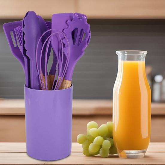 Silicone Kitchen Utensils Set with Wooden Handle Heat-Resistant Cooking Tools Non-Stick Safe Kitchenware Set for Home Restaurant