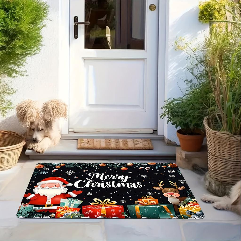 Merry Christmas Santa Reindeer Welcome Doormat,Flannel Anti-Slip Washable Fade-Resistant Rug for Indoor Outdoor Multi-Room Decor