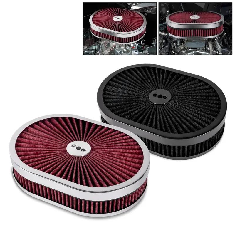 High Flow Chrome 12"x2" Oval Air Cleaner Filter Assembly 5-1/8" Carb Neck W/ Flow-Thru Lid for GMC Chevy Ford Chryler Dodge